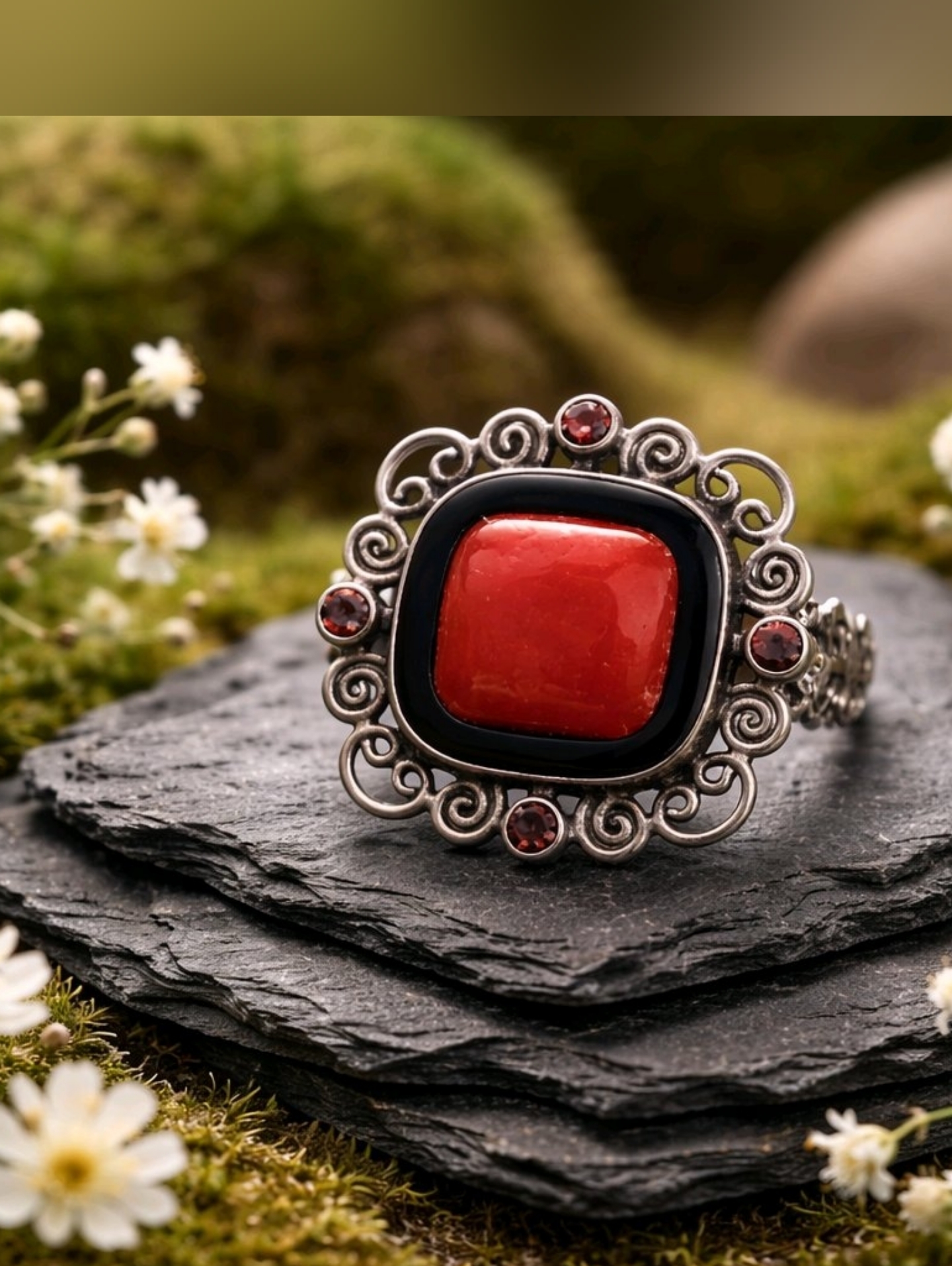 Red Sponge Coral & Garnet Sterling Ring